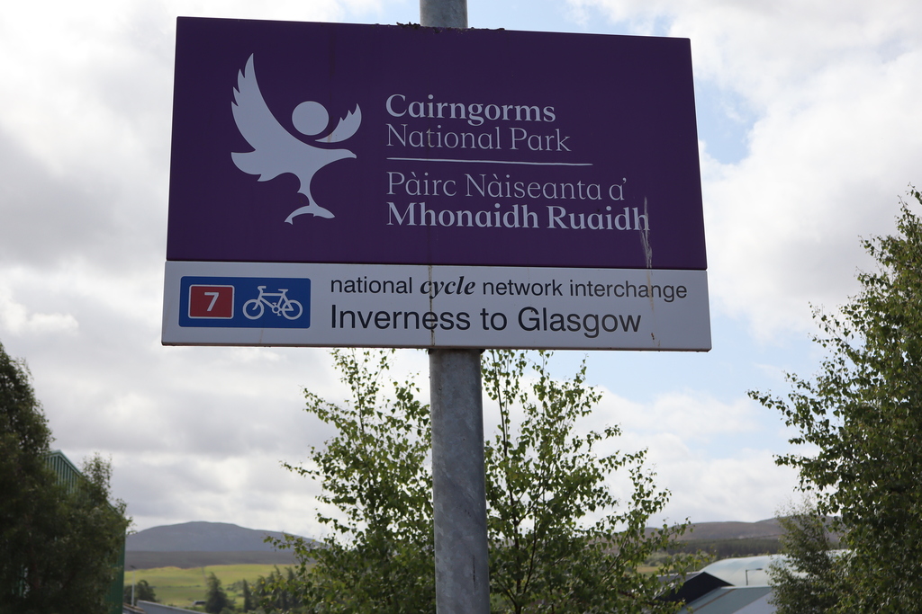 Sign at Kingussie train station about cycling