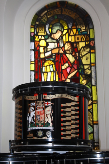 Drums and stained glass window, Fort George Chapel